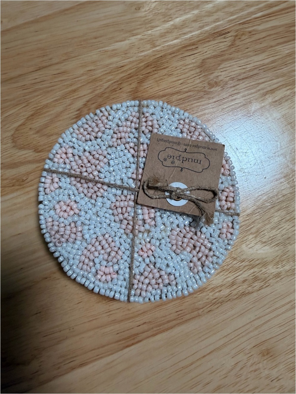 Mud Pie Beaded Round Coasters in White and Light Pink (Set of 4)
